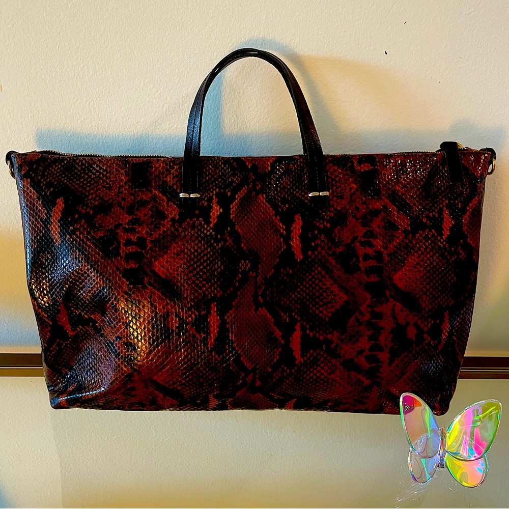 CLARE V Le Zip Sac tote in brown/black Snake